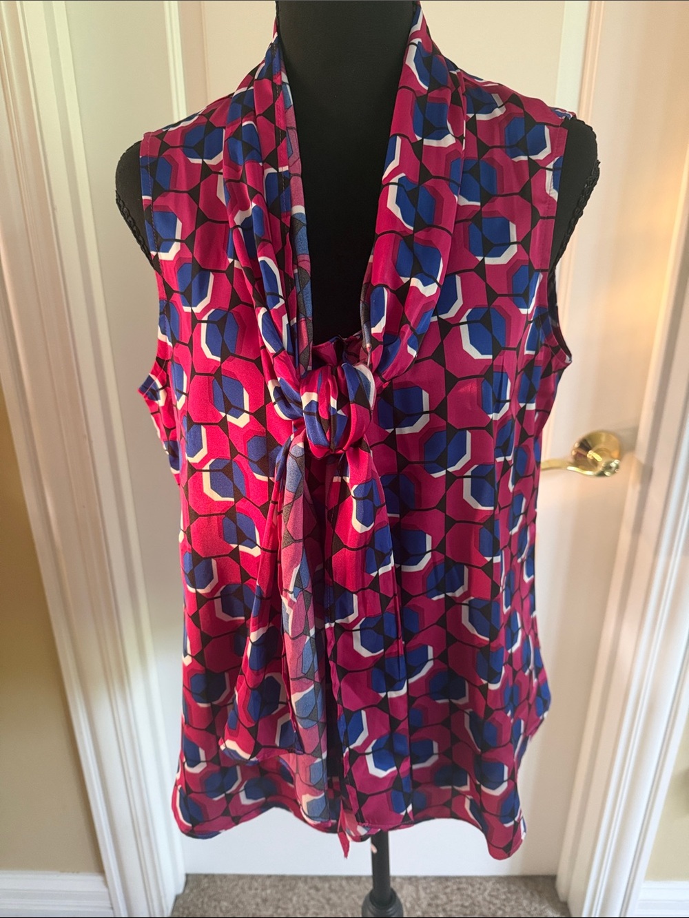 Bar III Sleeveless Tie-Neck Geometric Print Top in Pink and Blue